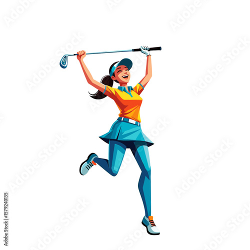 An excited female golfer celebrates a successful shot with raised arms.