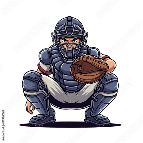 Cartoon baseball catcher in a crouched position, ready to receive a pitch.