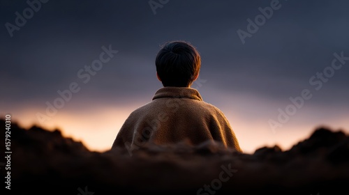 A young person stands with their back to the camera looking towards a twilight sky
