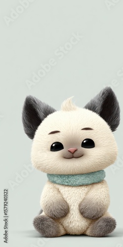 Adorable fluffy cartoon cat wearing a light blue scarf sitting patiently