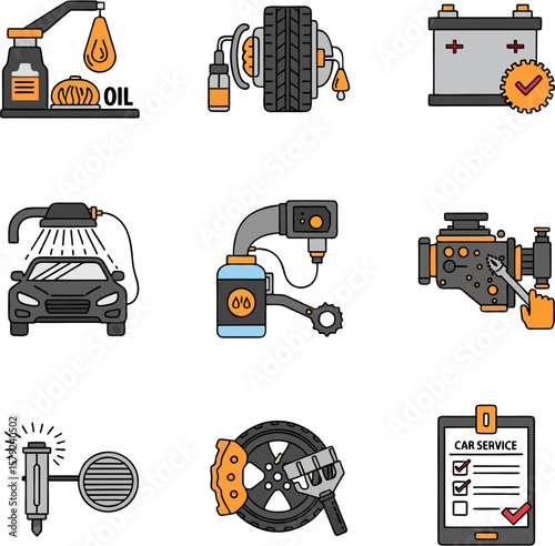 Car maintenance and repair service icons: oil change, tire service, battery check, car wash, engine repair, brake service, and more.