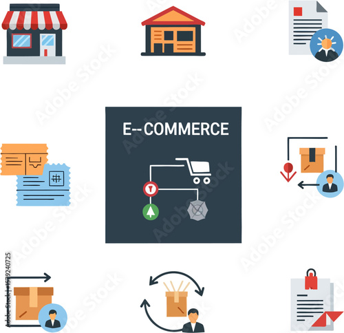 Colorful e-commerce icons depicting online shopping, delivery, and business transactions.