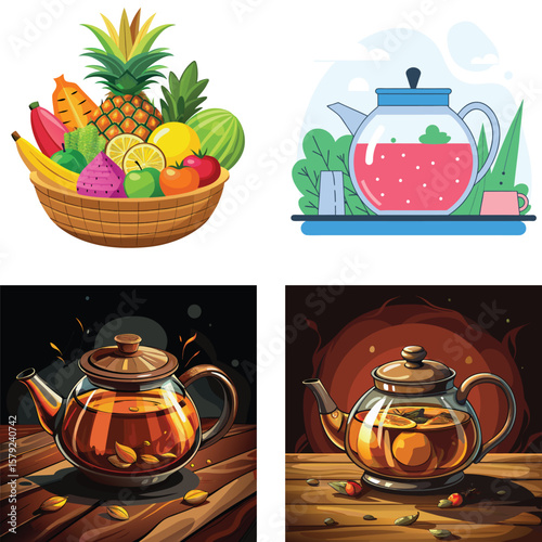 Assortment of fresh fruits and hot teas in glass teapots