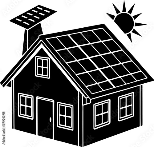 House with solar panels on roof and chimney silhouette