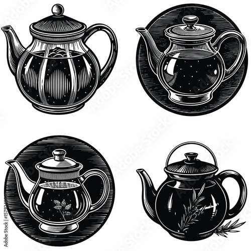 Vintage black and white illustrations of four distinct teapots