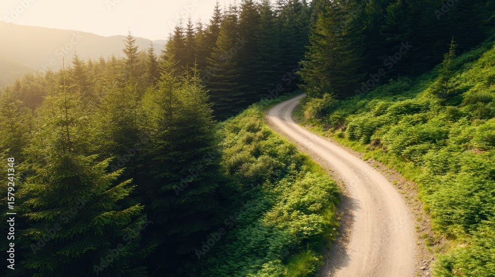 Obraz premium Serene winding road through lush green forest at sunset, inviting exploration and adventure