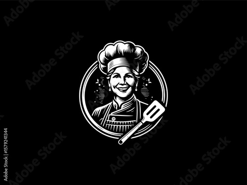 Cartoon aunty chef with rolling pin vector logo for baking classes or recipe blogs