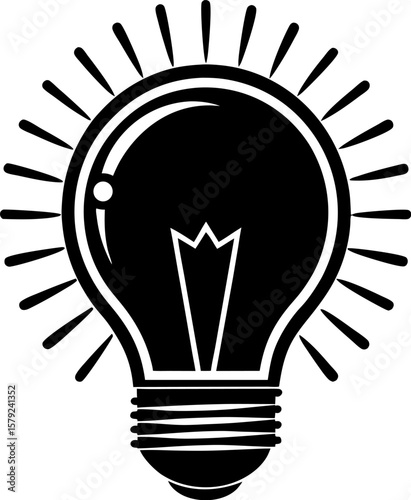 Simple black and white illustration of a glowing light bulb representing an idea
