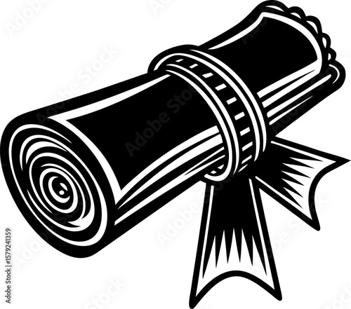 Black and white illustration of a rolled diploma with a ribbon and seal