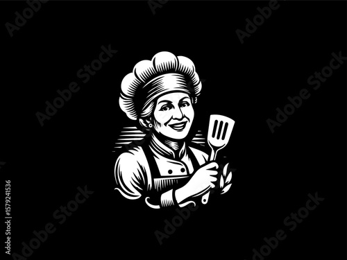 Cartoon aunty chef with rolling pin vector logo for baking classes or recipe blogs
