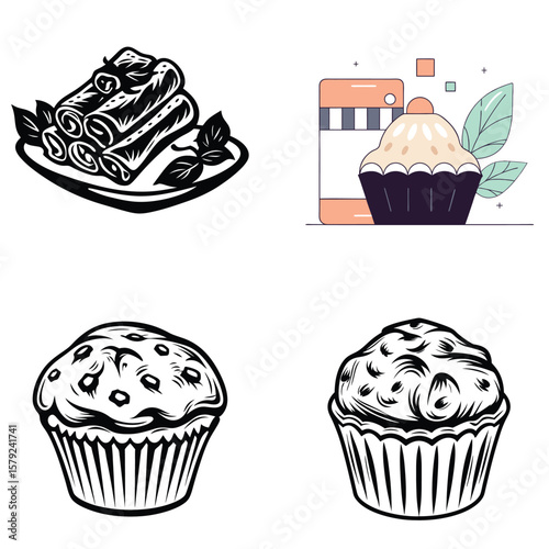 Collection of desserts featuring cinnamon rolls and cupcakes in various styles