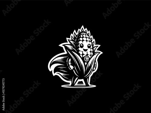 Cartoon corn superhero flying with kernel power vector logo for educational farm programs