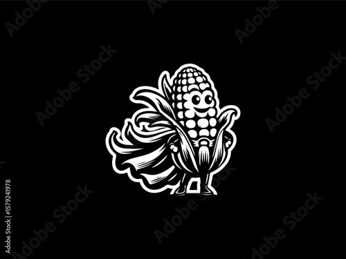 Cartoon corn superhero flying with kernel power vector logo for educational farm programs
