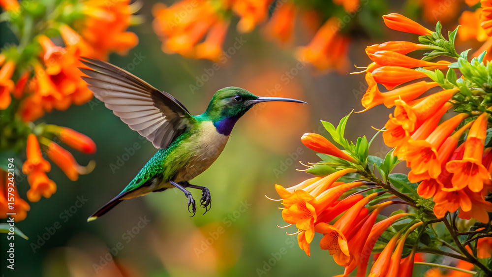 Fototapeta premium Sunbird hovering near orange trumpet flowers