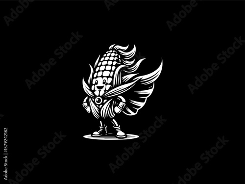 Adorable smiling corn superhero with cape vector logo for healthy kids' snack brands