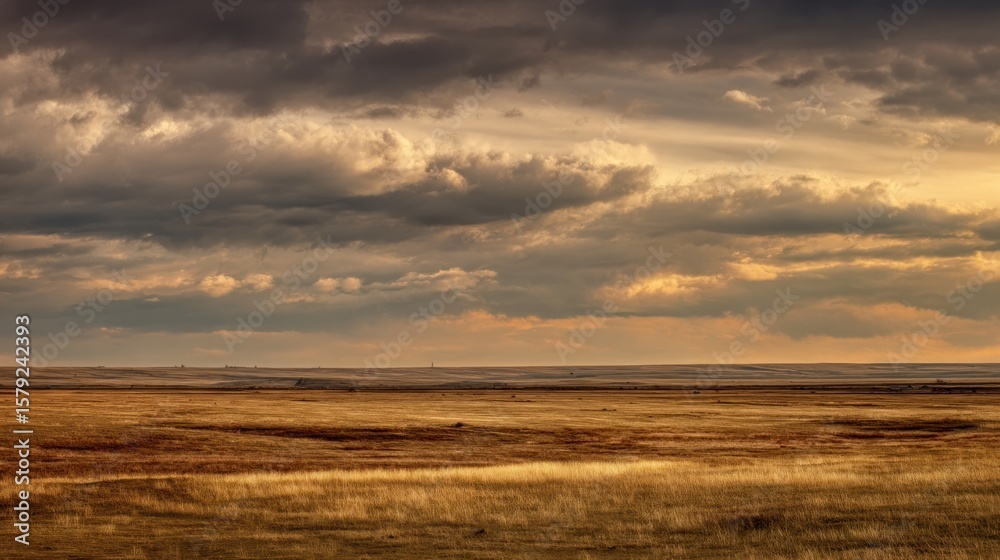 Fototapeta premium Dramatic storm clouds gather over a golden prairie landscape at sunset casting long shadows across the dry grass and rolling hills