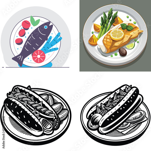 Diverse food illustrations featuring fish and hot dogs in various styles