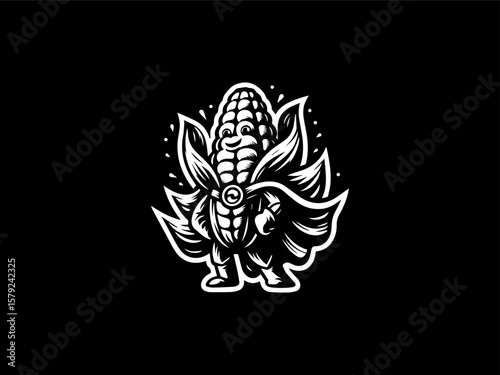 Adorable smiling corn superhero with cape vector logo for healthy kids' snack brands