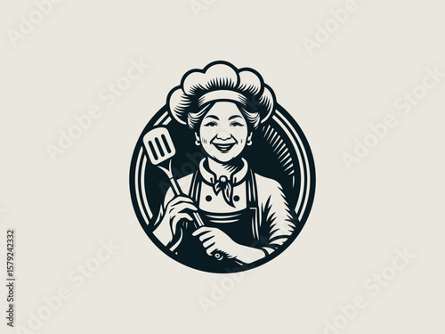 Cartoon aunty chef with rolling pin vector logo for baking classes or recipe blogs
