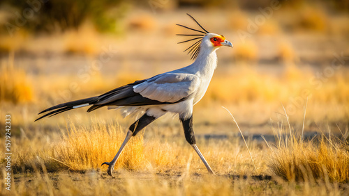 Secretary bird walking on dry savanna