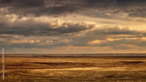 Dramatic storm clouds gather over a golden prairie landscape at sunset casting long shadows across the dry grass and rolling hills