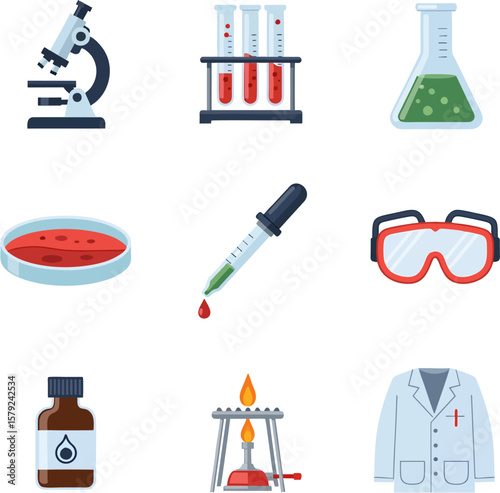 Collection of various scientific laboratory equipment and tools shown in flat illustration style.