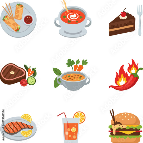 A collection of nine food icons, including spring rolls, soup, cake, steak, chili, fish, juice, and a burger.