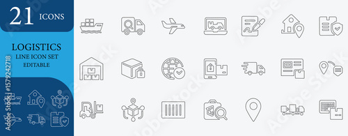 Editable logistics line icon set featuring shipping, delivery, courier, transportation, warehouse, truck, freight, and supply chain symbols