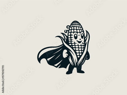 Cartoon corn superhero flying with kernel power vector logo for educational farm programs