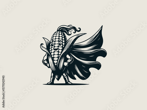Cartoon corn superhero flying with kernel power vector logo for educational farm programs