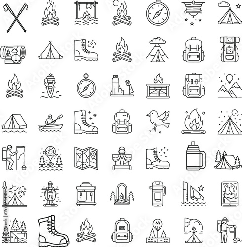 Camping and Hiking Vector Icons Set: Outdoor Adventure Line Art Collection
