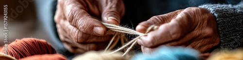 Elderly Hands Working with Yarn and Balls of Yarn