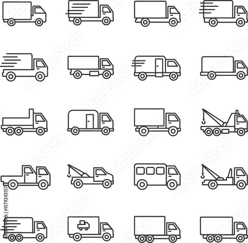 Truck and Delivery Vehicle Vector Icons Set: Logistics and Transport Line Art

