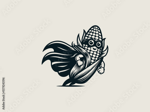 Adorable smiling corn superhero with cape vector logo for healthy kids' snack brands