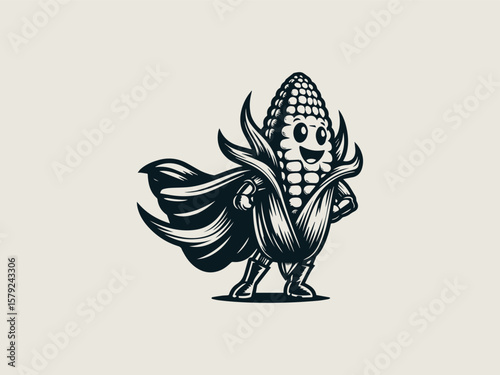Adorable smiling corn superhero with cape vector logo for healthy kids' snack brands