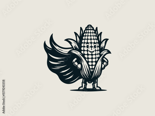 Adorable smiling corn superhero with cape vector logo for healthy kids' snack brands