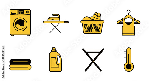 Laundry icons in vibrant yellow for design projects about cleaning services, home organization, household chores, or laundry room decor.