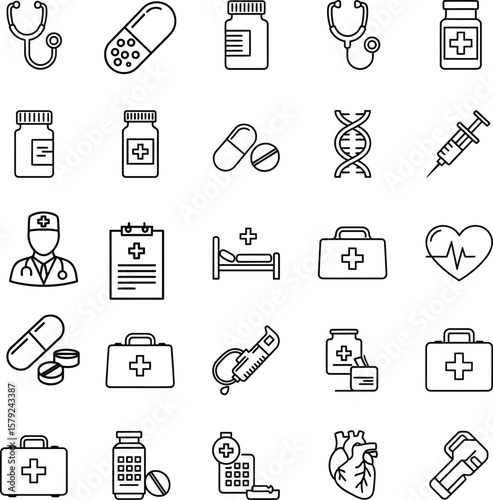 Medical and Healthcare Vector Icons Set: Medicine and Hospital Line Art