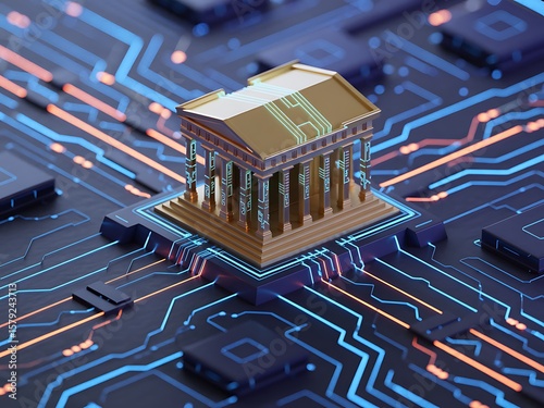 Golden neoclassical bank building on futuristic circuit board