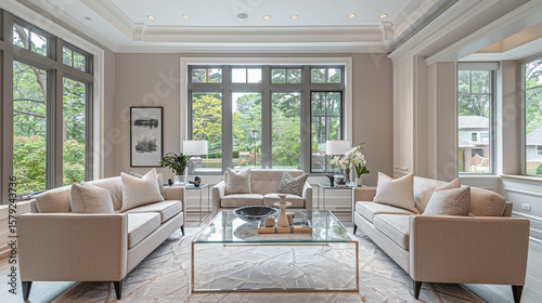 Transitional living room with soft taupe walls, crown molding, neutral-toned furniture, and a modern glass coffee table.