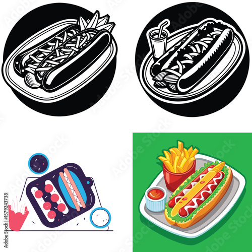 Collection of stylized hot dog and french fry illustrations with drinks