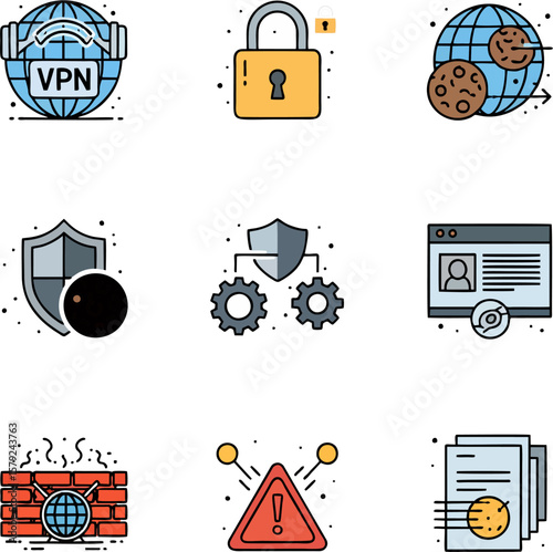Collection of colorful digital security icons, symbolizing protection and privacy online.