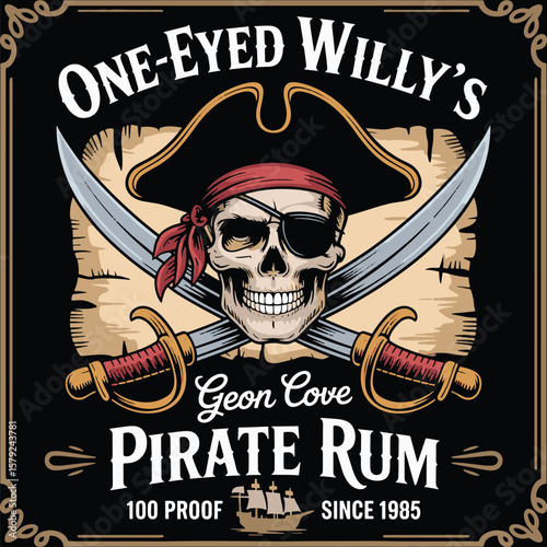 Cartoon Pirate Skull Rum Logo – Vintage One-Eyed Willy Pirate Illustration