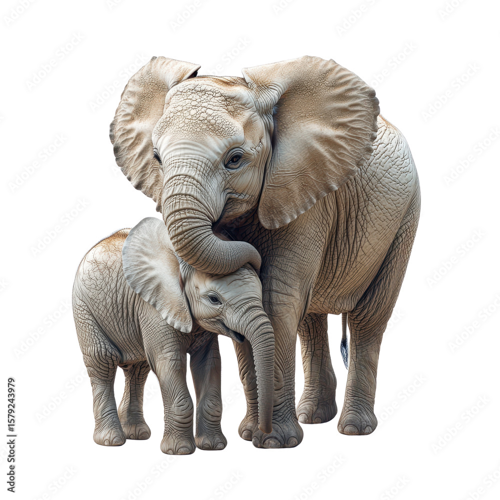 Fototapeta premium Loving Elephant mother and calf isolated on a white transparent background, Big elephant with calf