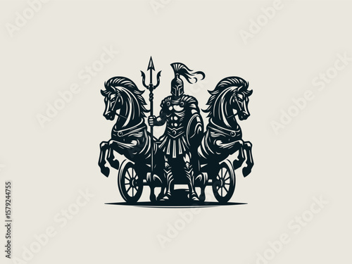 Vintage engraved gladiator chariot vector logo for whiskey or cigar brands