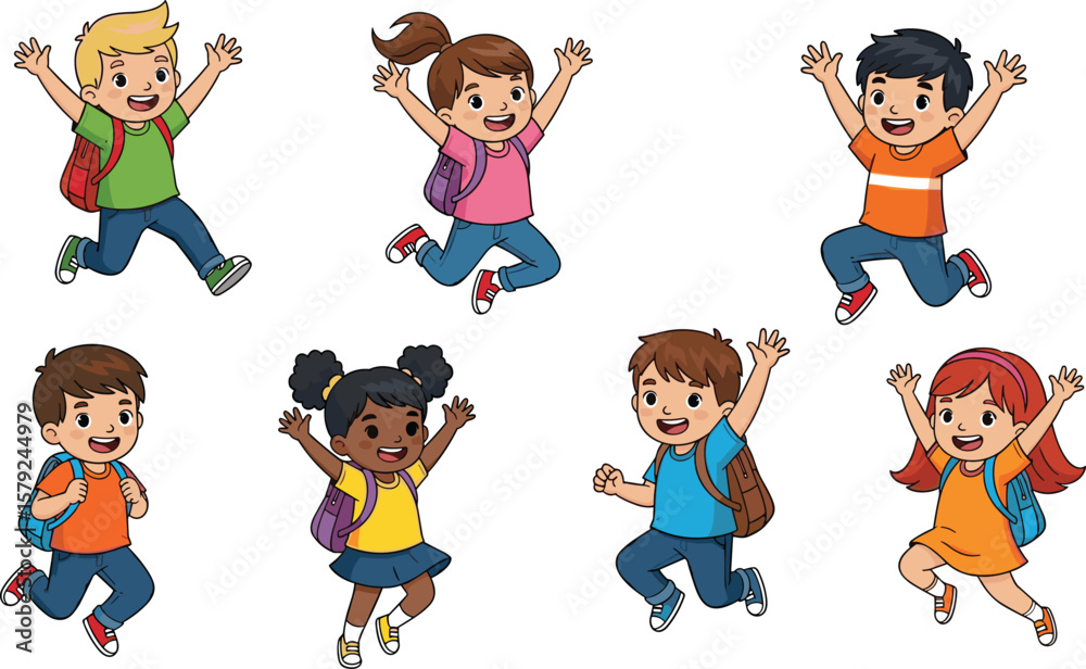 Happy diverse school children jumping with joy, excited for learning, education, and fun adventures, celebrating friendship and childhood, back to school concept Happy diverse school children jumping with joy, excited for learning, education, and fun adventures, celebrating friendship and childhood, back to school concept
