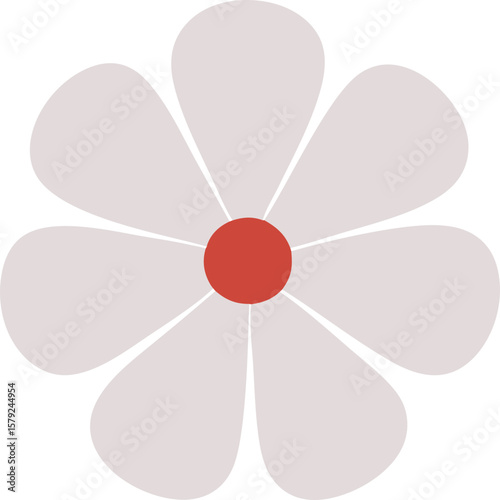 Purple-gray flower with symmetrical petals and red circular center, elegant and calm.