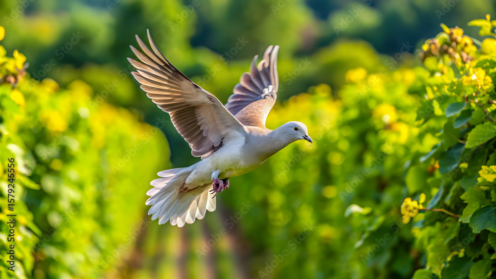 Obraz premium Collared dove flying over vineyard
