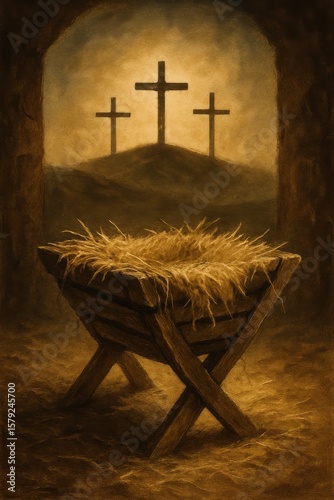 An Empty Manger with Holy Crosses in the Background, a Concept of Faith