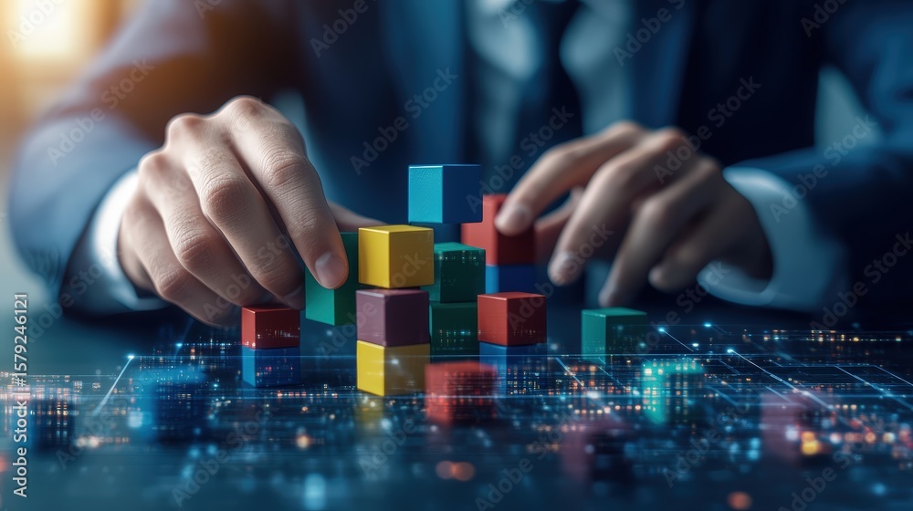 Fototapeta premium Businessman in suit stacking colorful wooden blocks representing growth strategy and progress analysis